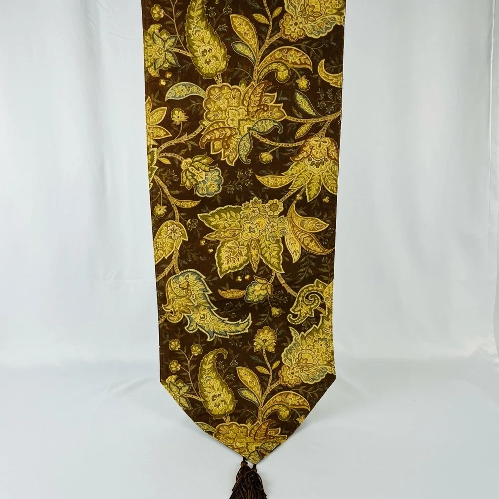 Floral Jacquard/Damask Pattern Table Runner Brown, Tan, Olive Green, and Gold